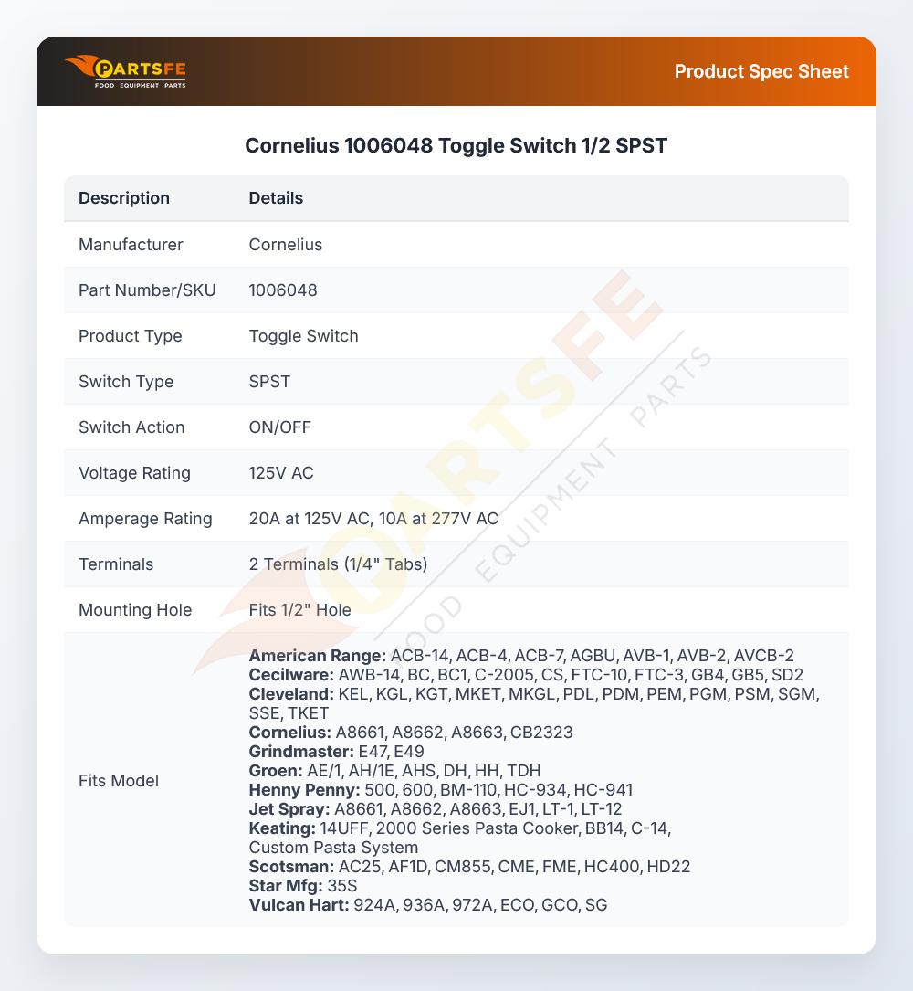 Cornelius 1006048 Toggle Switch 1/2 SPST