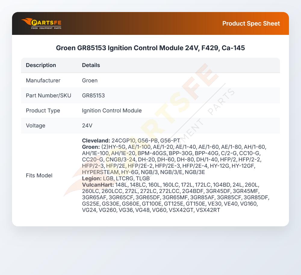 Groen GR85153 Fryer Ignition Control Module 24V F429 CA-161