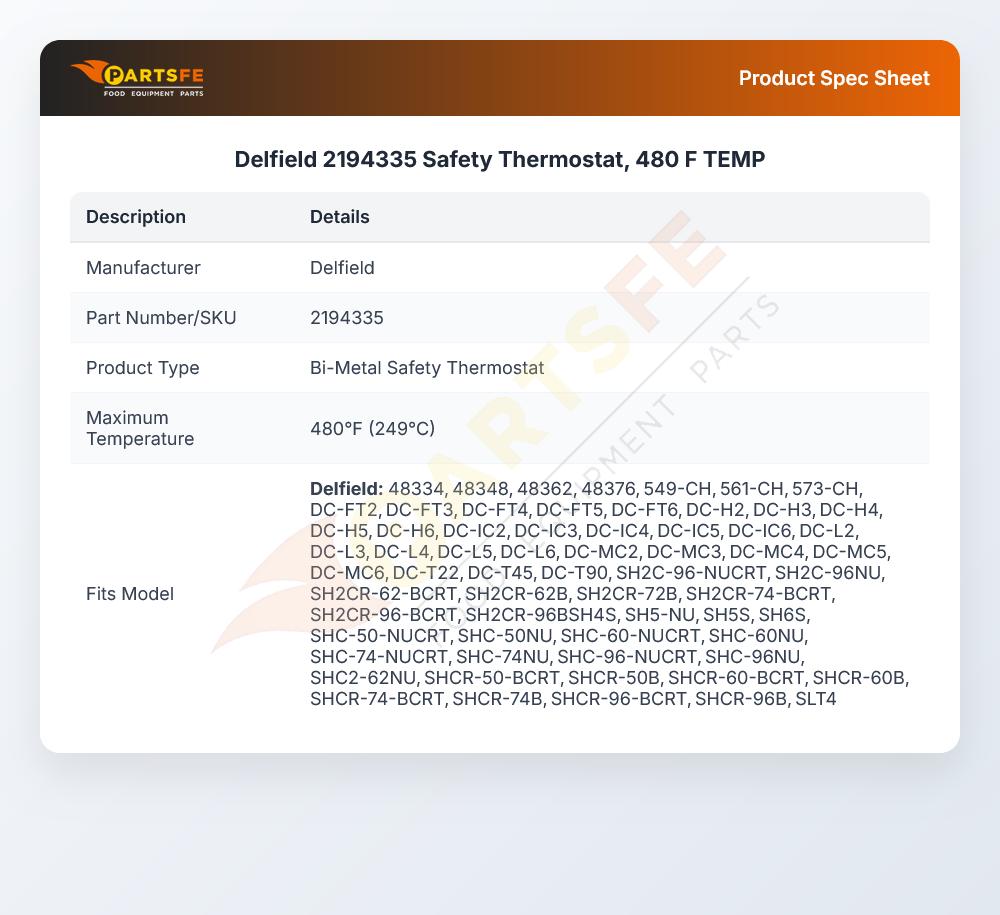Delfield 2194335 Safety Thermostat 480&deg;F