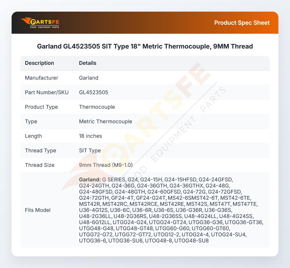 Garland GL4523505 SIT Type 18" Metric Thermocouple, 9MM Thread