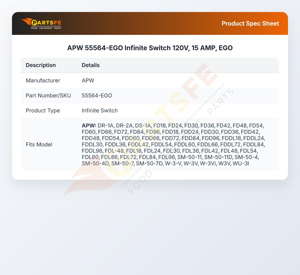 APW 55564-EGO Warmer Infinite Switch 120V 15 AMP