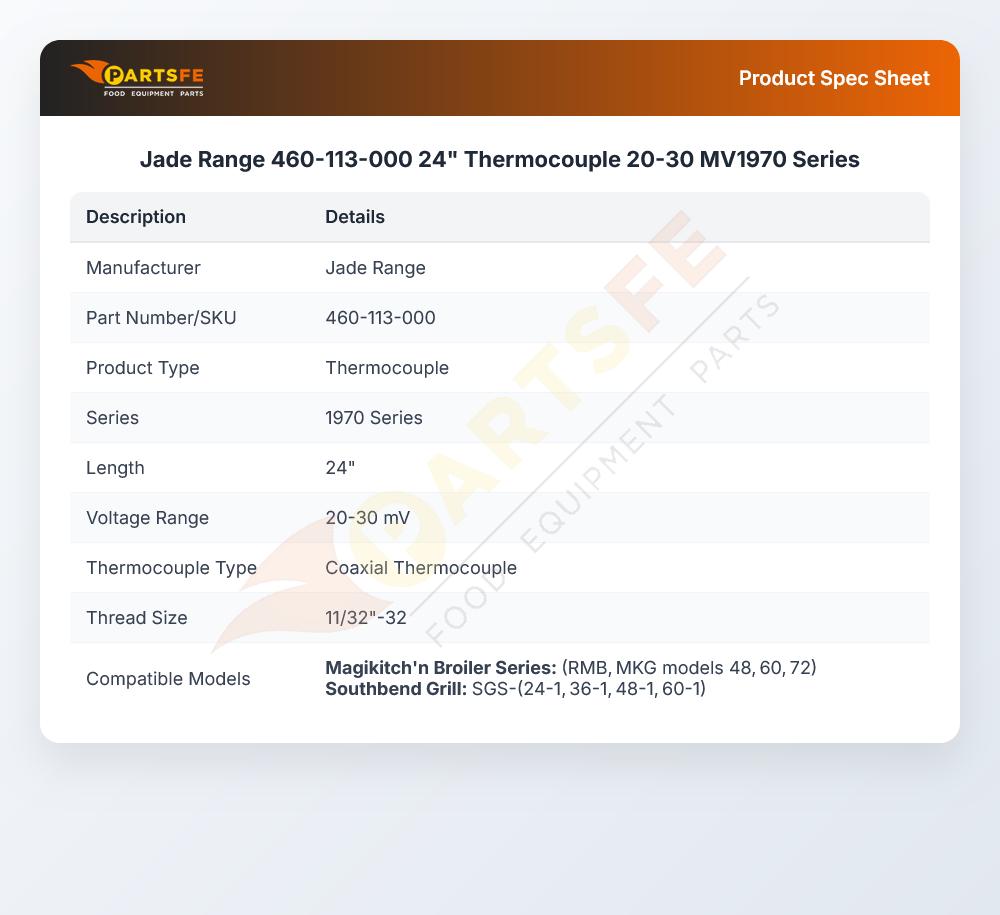 Jade Range 460-113-000 24" Thermocouple 20-30 MV1970 Series
