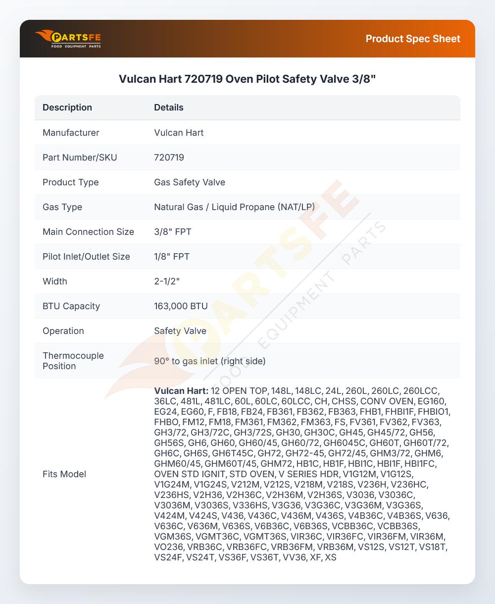 Vulcan Hart 720719 Oven Pilot Safety Valve 3/8"