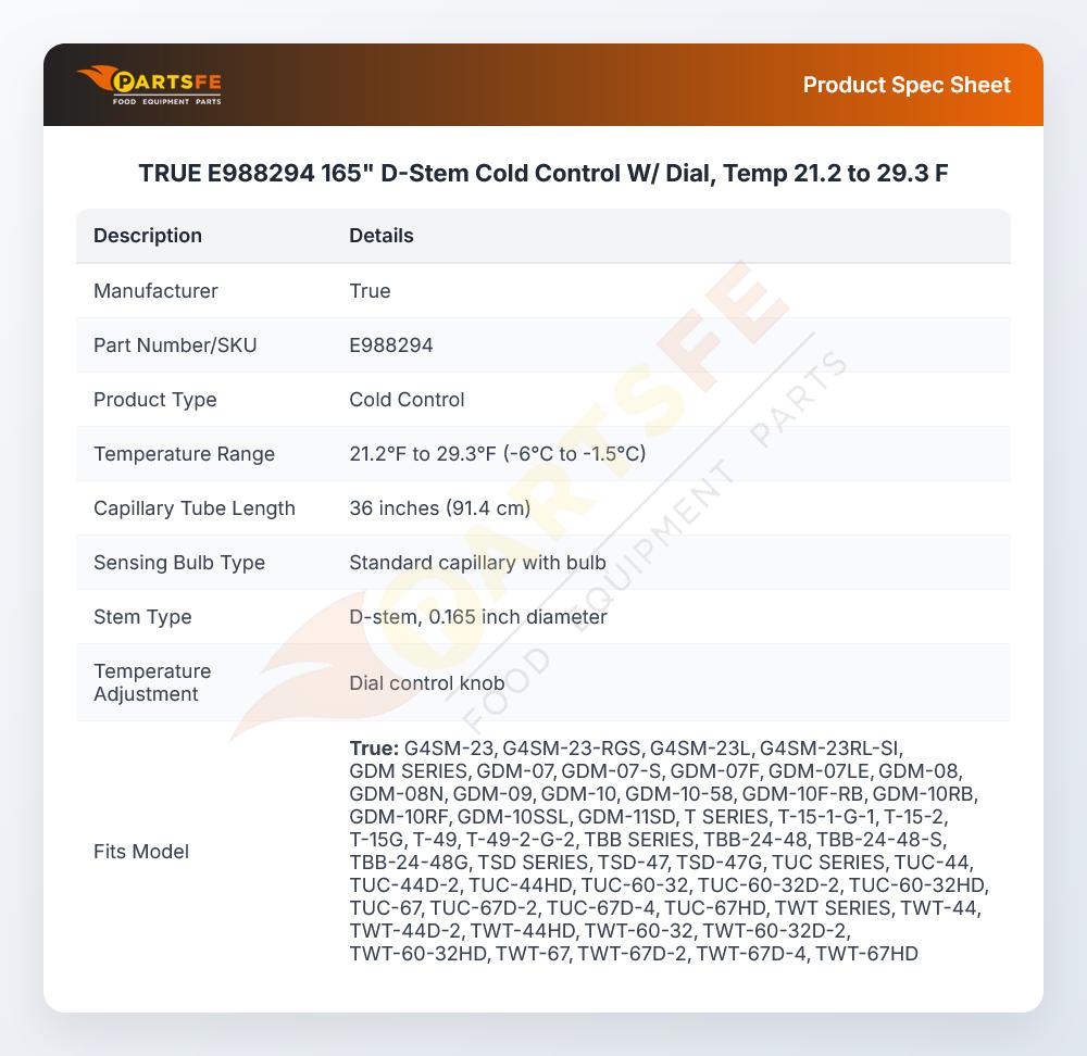 TRUE E988294 165" D-Stem Cold Control W/ Dial, Temp 21.2 to 29.3 F