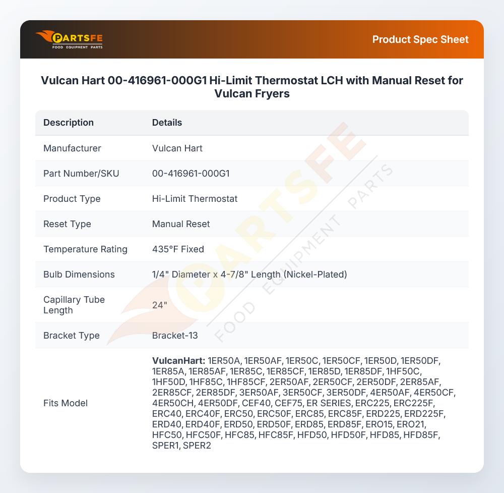 Vulcan Hart 00-416961-000G1 Hi-Limit Thermostat LCH with Manual Reset for Vulcan Fryers
