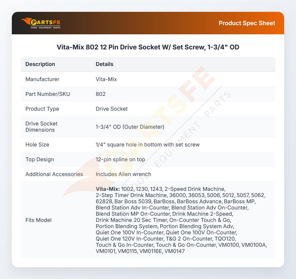 Vita-Mix 802 Drive Socket 12-Pin 1-3/4" OD