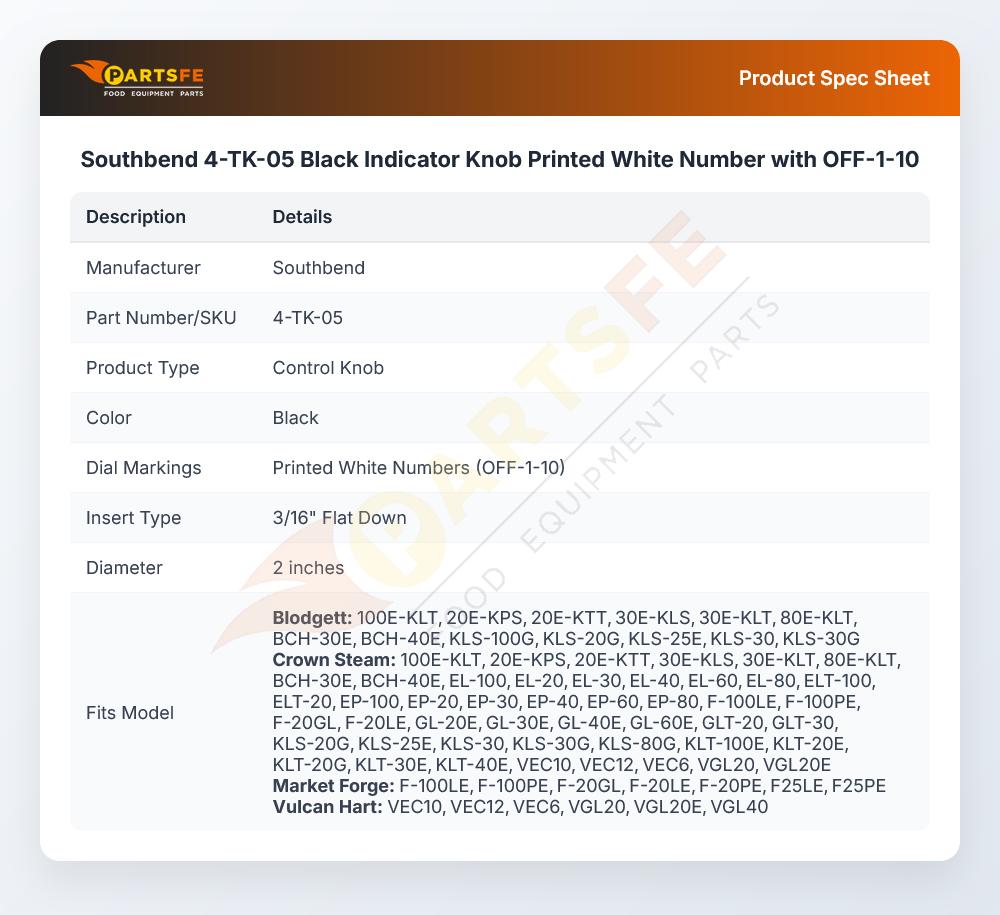 Southbend 4-TK-05 Black Indicator Knob Printed White Number with OFF-1-10