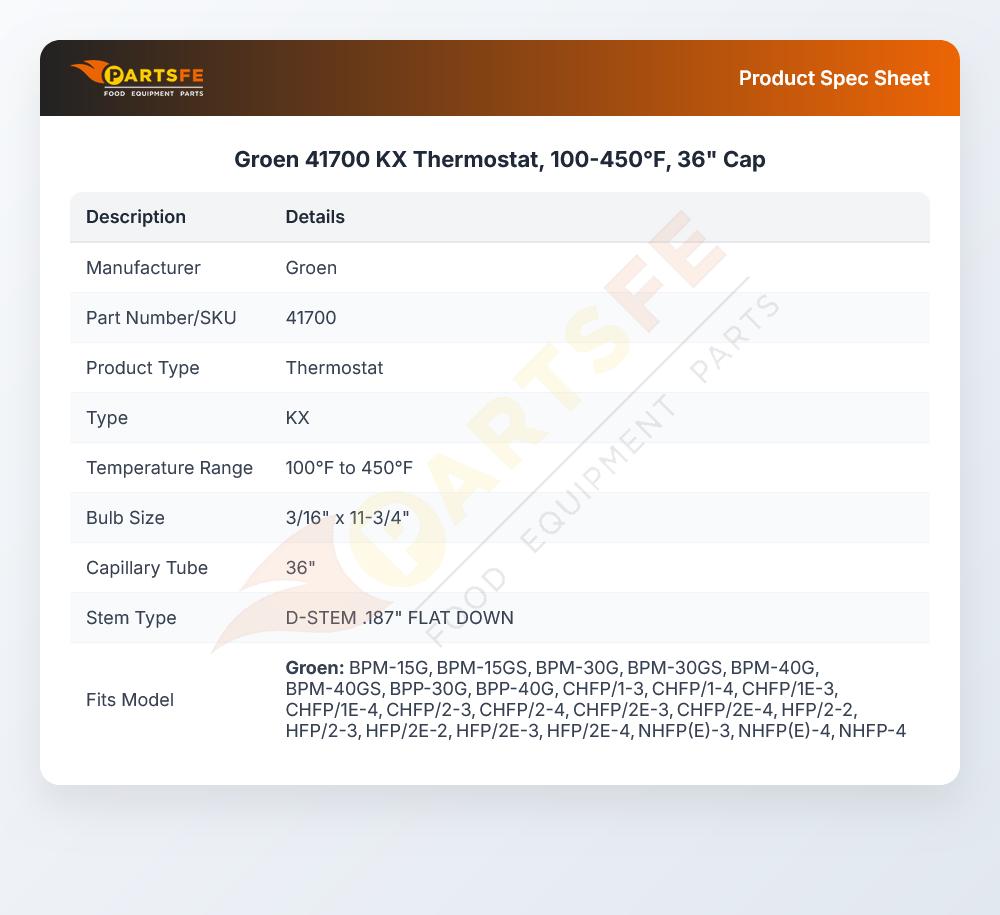 Groen 41700 Thermostat KX 100&deg;-450&deg;F 36" Capillary