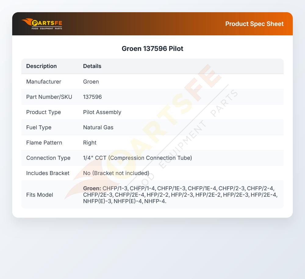 Groen 137596 Pilot & Bracket Service Kit Natural Gas Hfp/2
