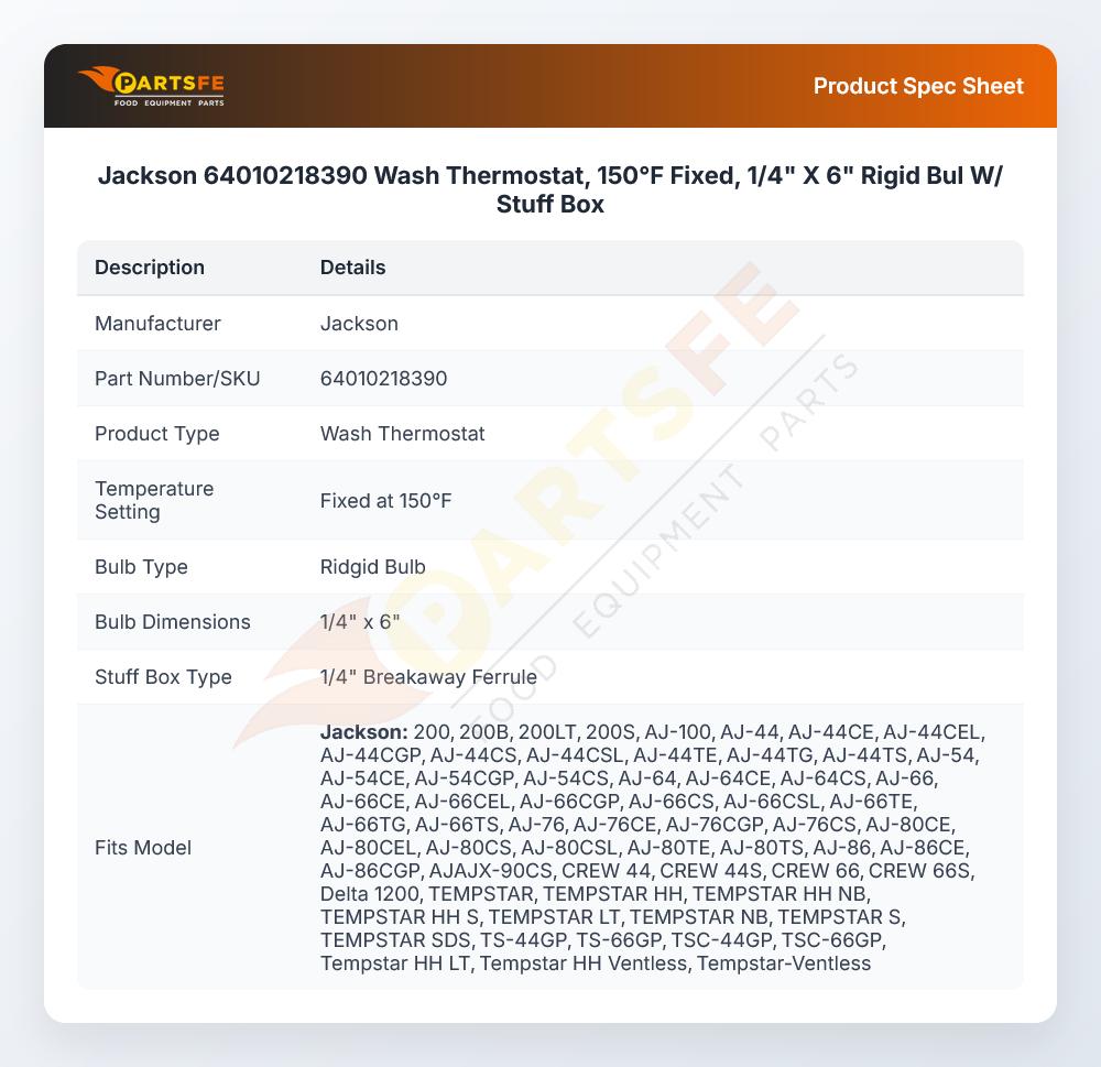 Jackson 64010218390 Wash Thermostat 150&deg;F Fixed 1/4" X 6" Rigid Bulb W/Stuff Box