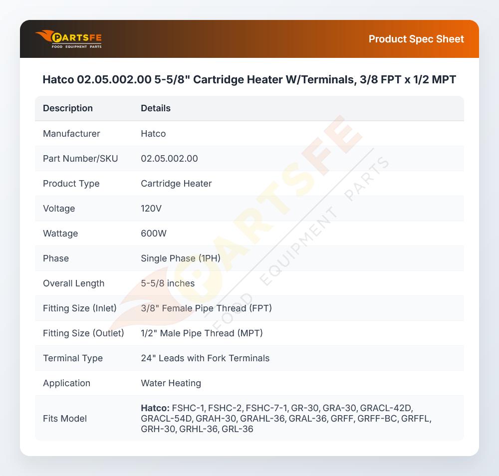 Hatco 02.05.002.00 5-5/8" Cartridge Heater W/Terminals,  3/8 FPT x 1/2 MPT
