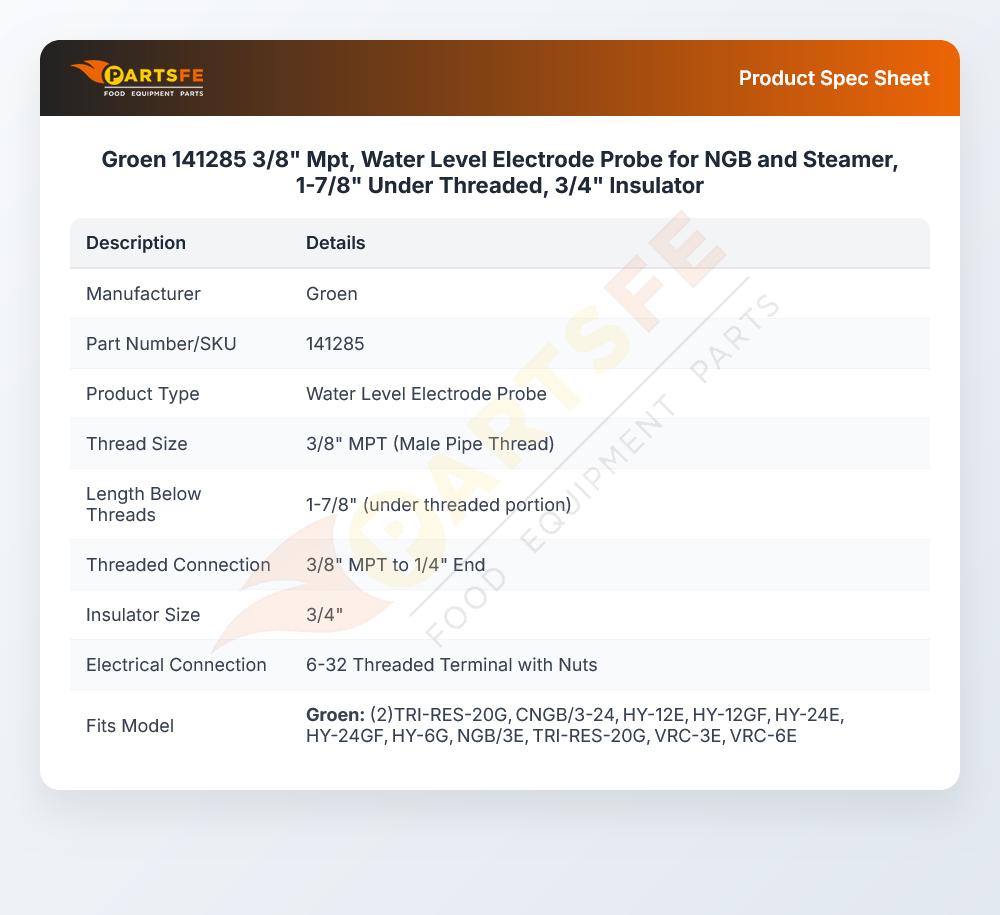 Groen 141285 3/8" Mpt, Water Level Electrode Probe for NGB and Steamer, 1-7/8" Under Threaded, 3/4" Insulator