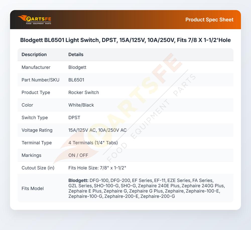 Blodgett BL6501 Light Switch, DPST, 15A/125V, 10A/250V, Fits 7/8 X 1-1/2'Hole
