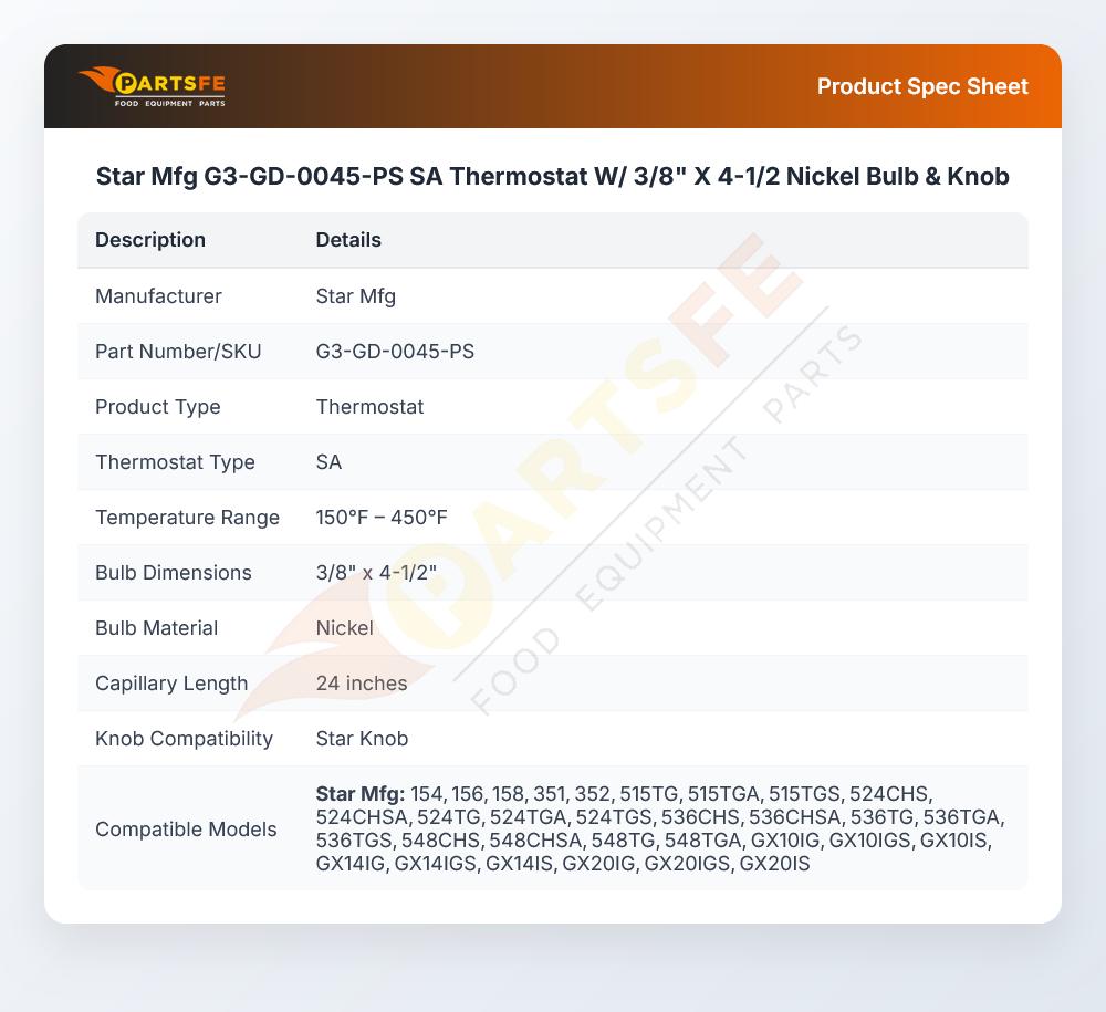 Star Mfg G3-GD-0045-PS Thermostat SA 3/8" X 4-1/2" Bulb 24" CAP