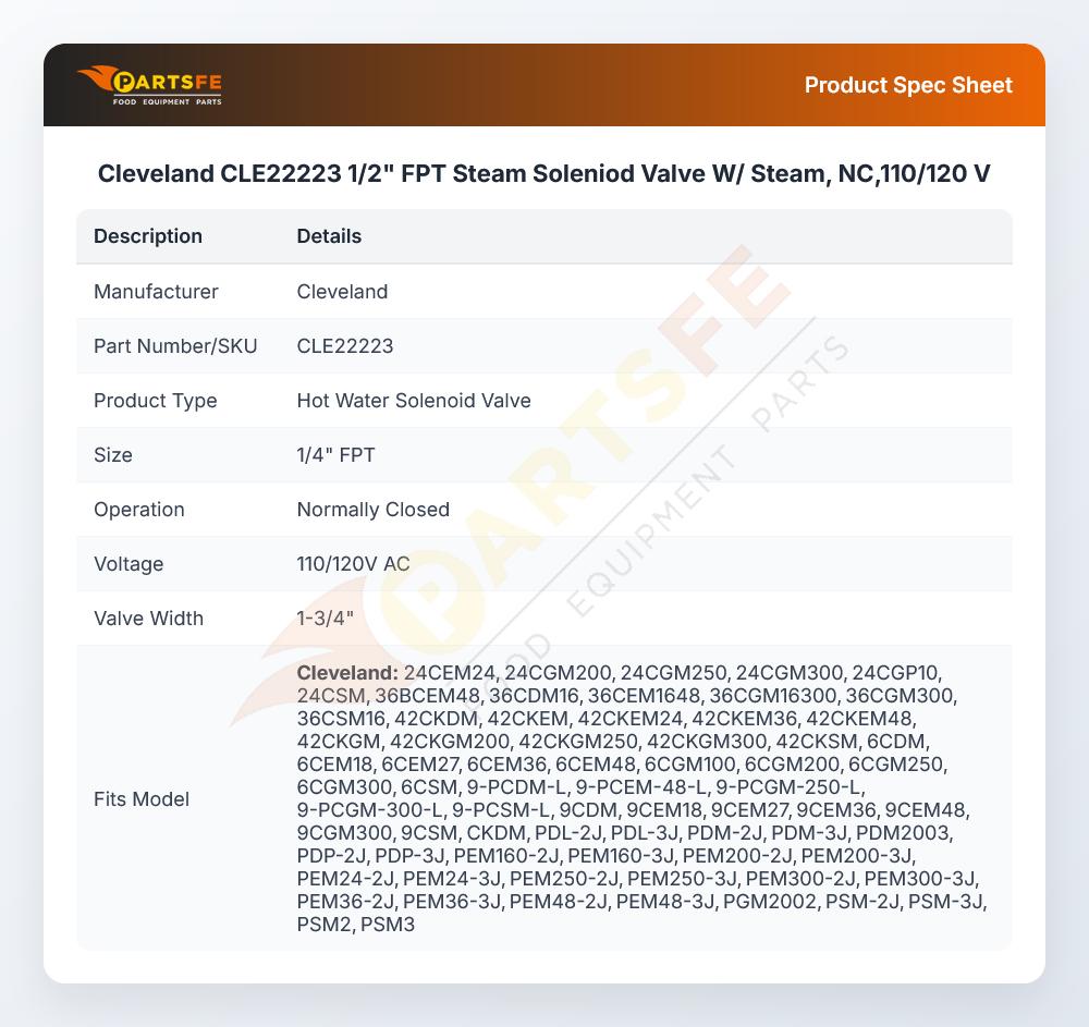 Cleveland CLE22223 Solenoid Valve 1/4" FPT NC 110/120V