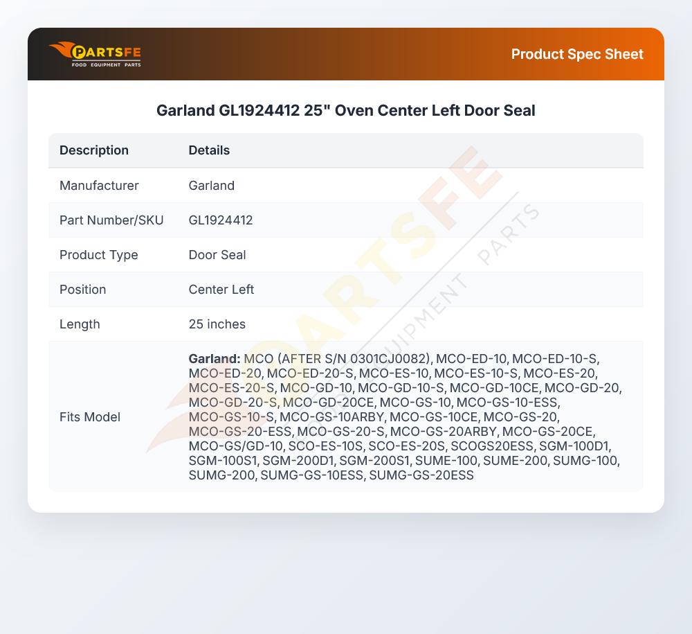 Garland GL1924412 25" Oven Center Left Door Seal