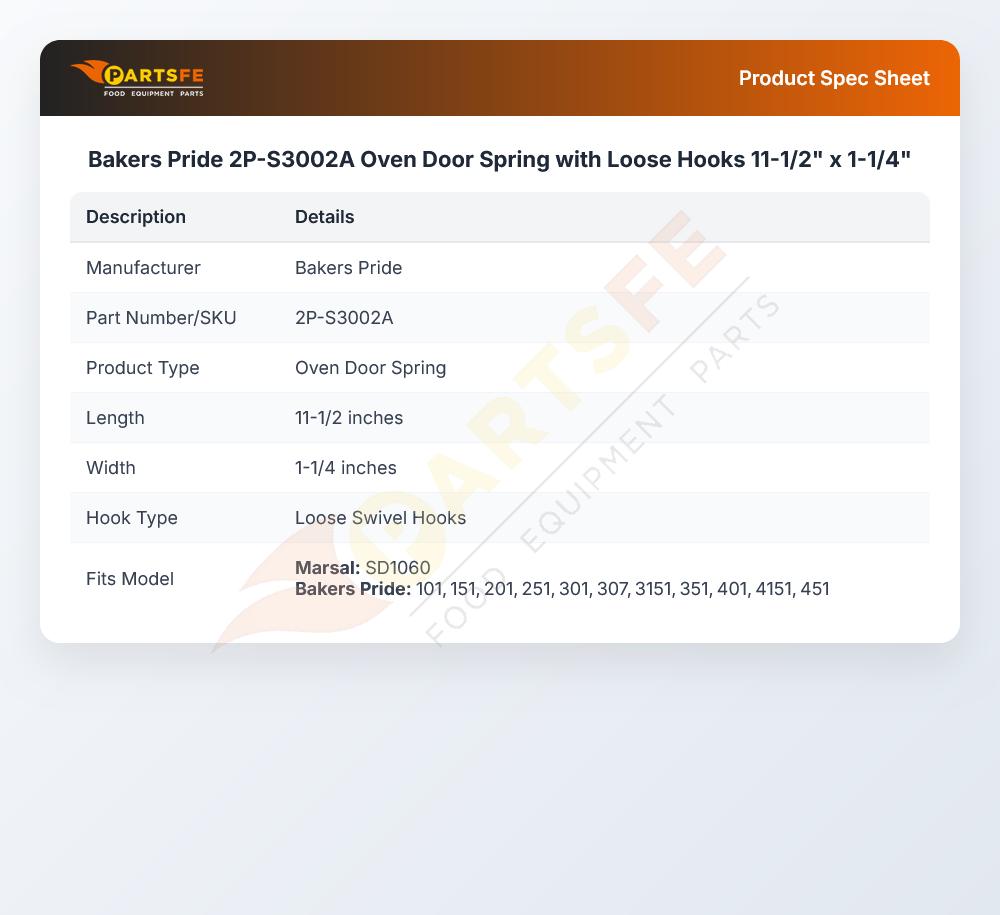 Bakers Pride 2P-S3002A Oven Door Spring with Loose Hooks 11-1/2" x 1-1/4"
