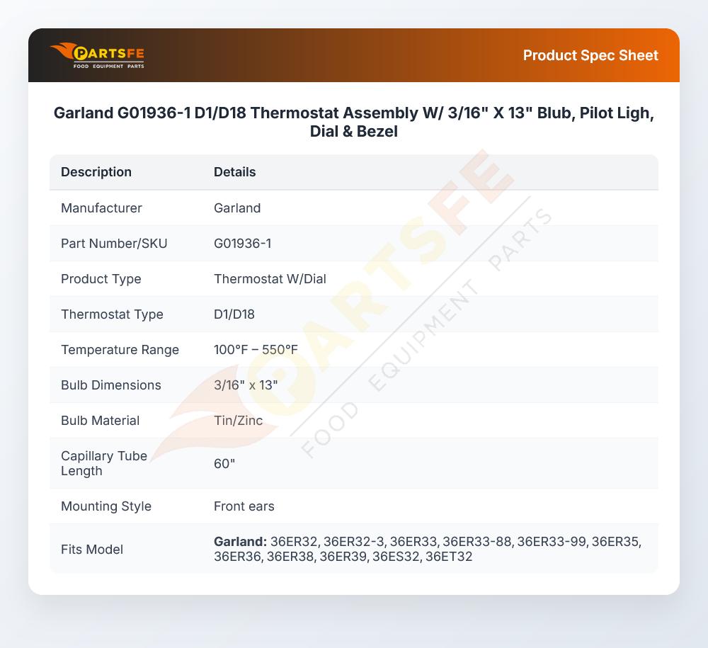 Garland G01936-1 Thermostat Assembly W/Dial D1/D18 3/16" X 13" Bulb 60" CAP