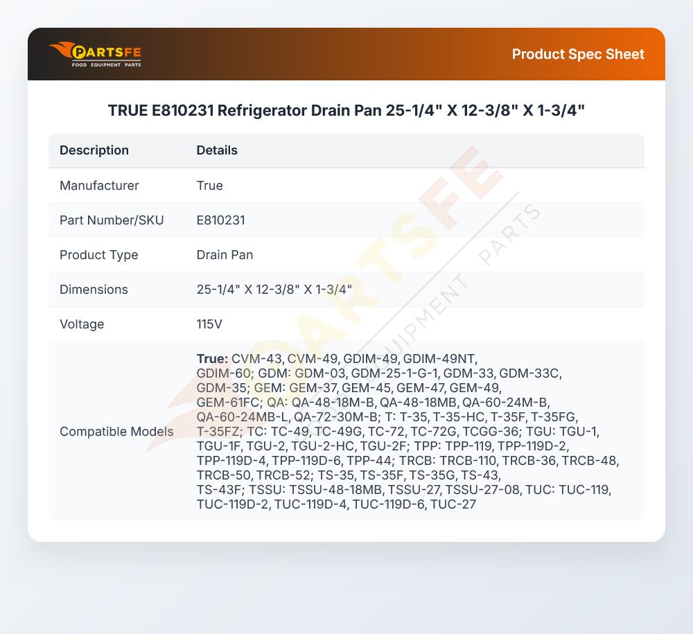 True E810231 Refrigerator Drain Pan 25-1/4" X 12-3/8" X 1-3/4"
