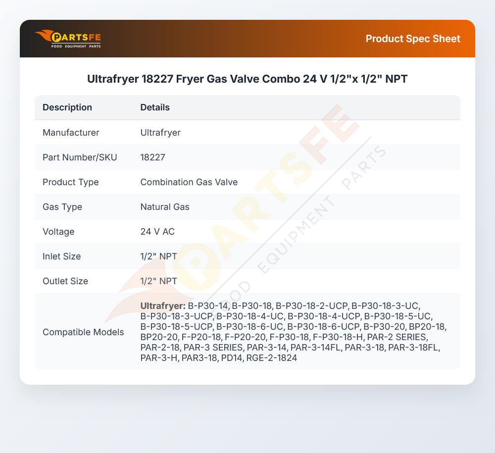 Ultrafryer 18227 Fryer Gas Valve Combo 24 V 1/2"x 1/2" NPT