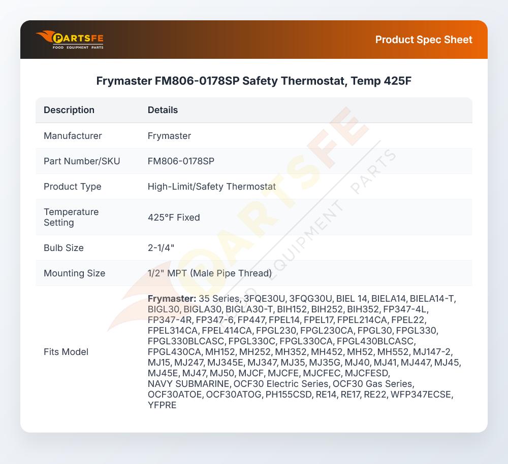 Frymaster FM806-0178SP Fryer High-Limit/Safety Thermostat Kit 425&deg;F 2-1/4" Bulb 1/2" MPT