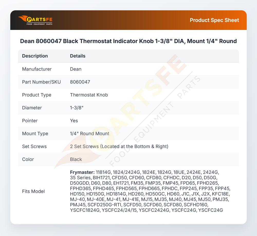 Dean 8060047 Thermostat Indicator Knob 1-3/8" DIA Mount 1/4"