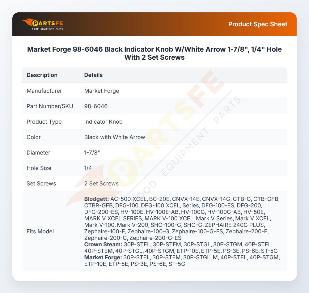 Market Forge 98-6046 Black Indicator Knob W/White Arrow 1-7/8", 1/4" Hole With 2 Set Screws