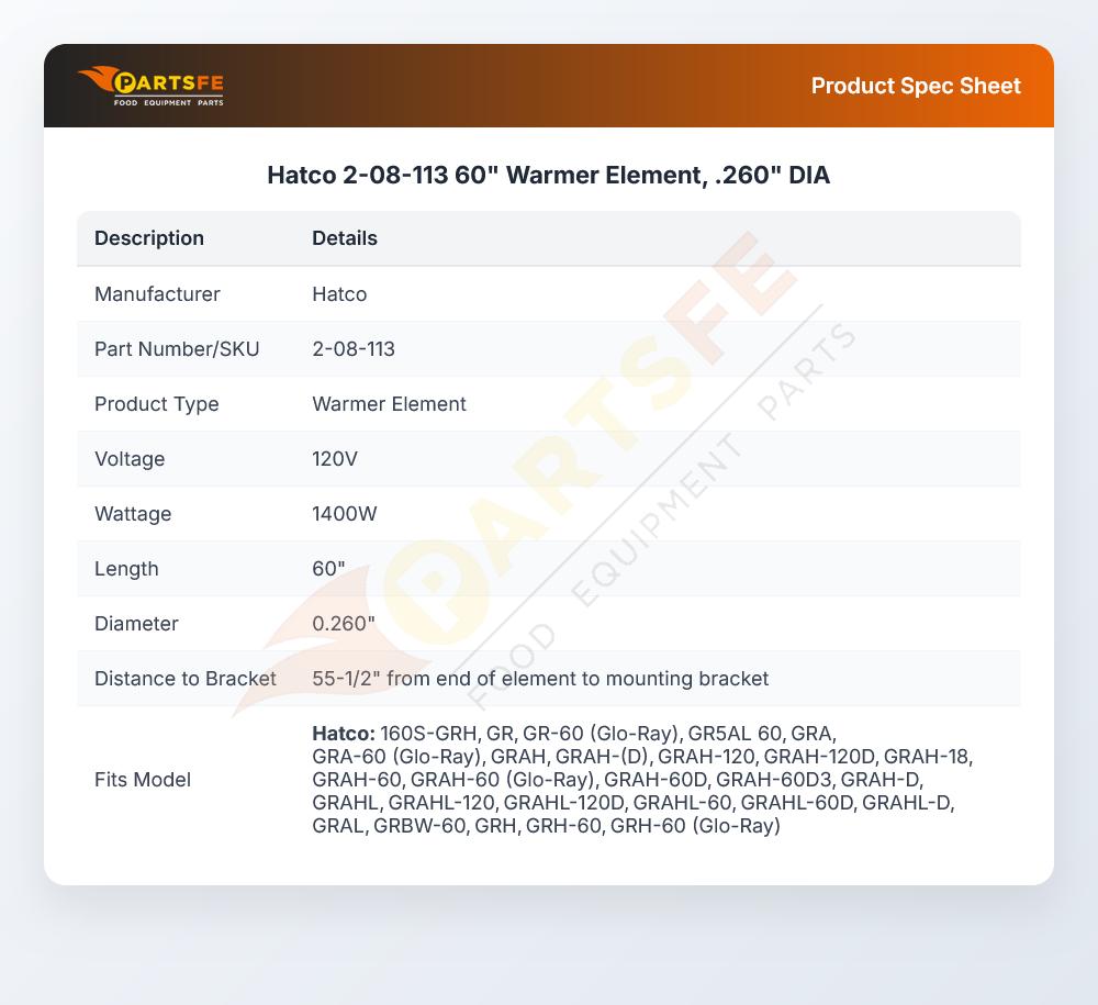 Hatco 2-08-113 60" Warmer Element, .260" DIA