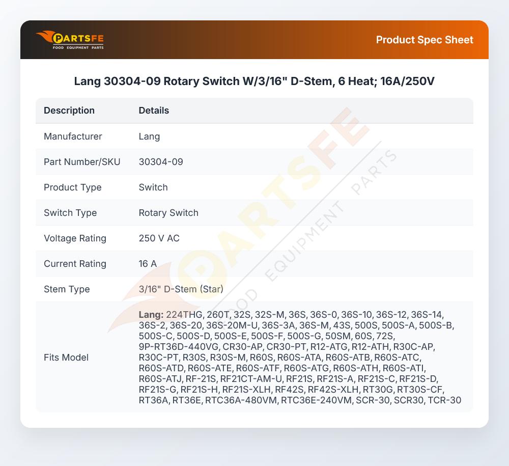 Lang 30304-09 Rotary Switch D-Stem 6 Heat 3/16" 16A/250V