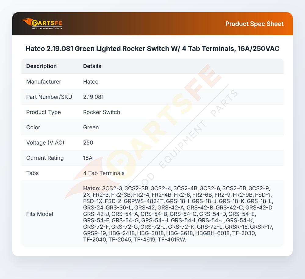 Hatco 2.19.081 Green Lighted Rocker Switch W/ 4 Tab Terminals, 16A/250VAC