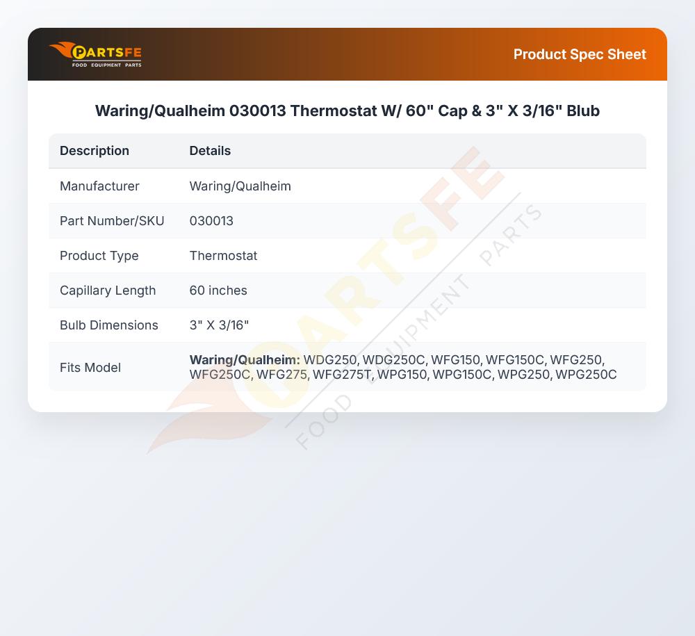 Waring/Qualheim 030013 Thermostat 3" X 3/16" Blub 60" CAP