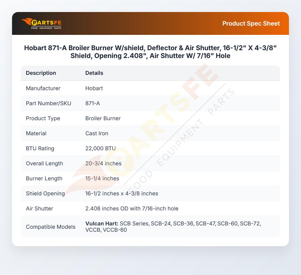 Hobart 871-A Broiler Burner W/shield Deflector & Air Shutter 16-1/2" X 4-3/8" 2.408" Opening 7/16" Hole