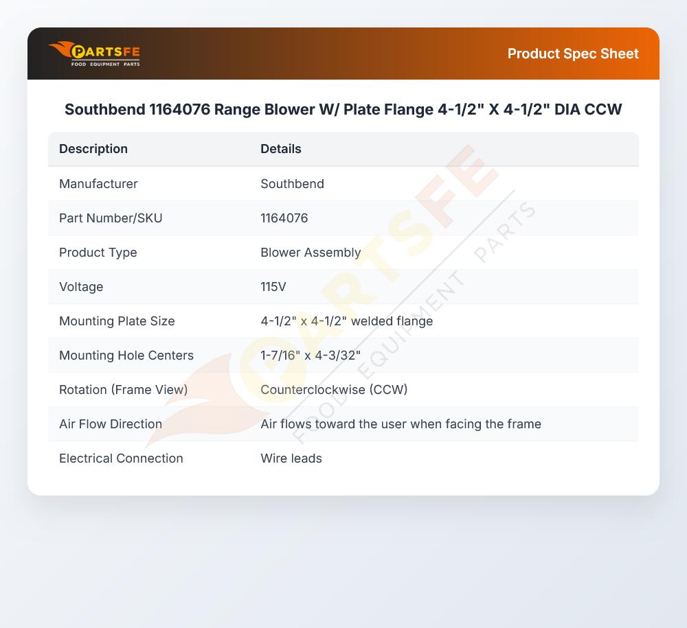 Southbend 1164076 Range Blower W/ Plate Flange 4-1/2" X 4-1/2" DIA CCW