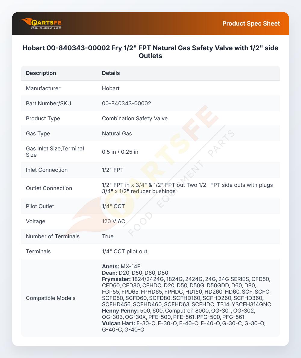 Hobart 00-840343-00002 Safety Control Valve NG 1/2" FPT IN X 3/4" FPT Out 120V