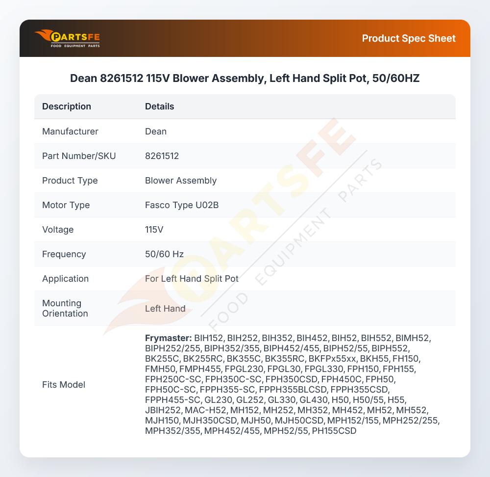 Dean 8261512 Blower Assembly 115V 50/60Hz