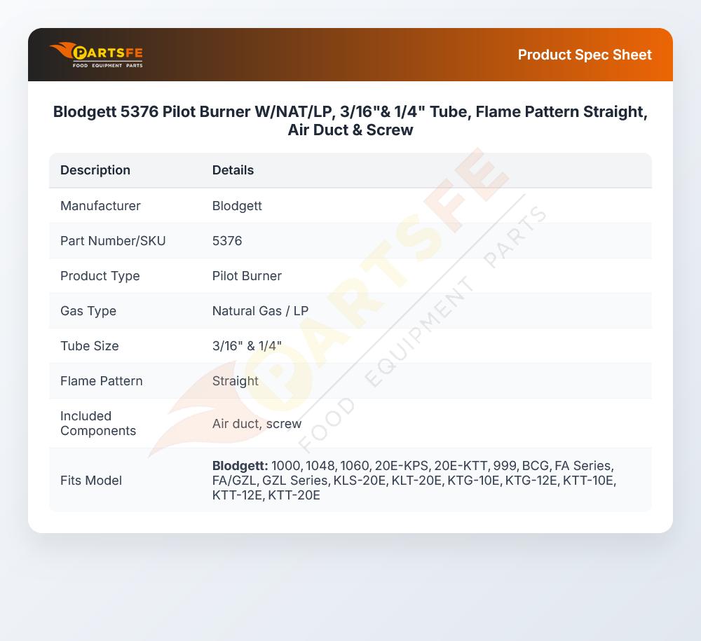 Blodgett 5376 Pilot Burner W/NAT/LP, 3/16"& 1/4" Tube, Flame Pattern Straight, Air Duct & Screw