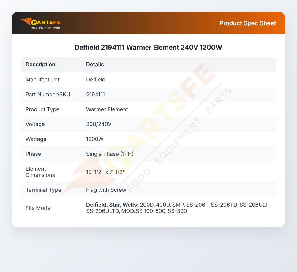 Delfield 2194111 Warmer Element 240V 1200W