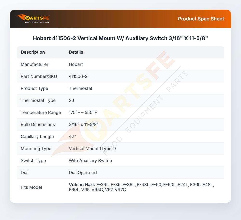 Hobart 411506-2 Vertical Mount W/ Auxiliary Switch 3/16" X 11-5/8"