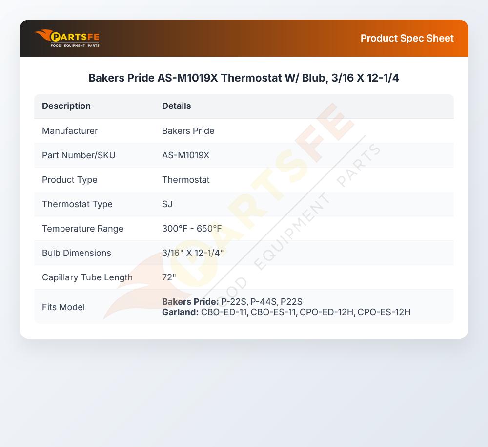 Bakers Pride AS-M1019X Thermostat Kit W/Blub 3/16" X 12-1/4"