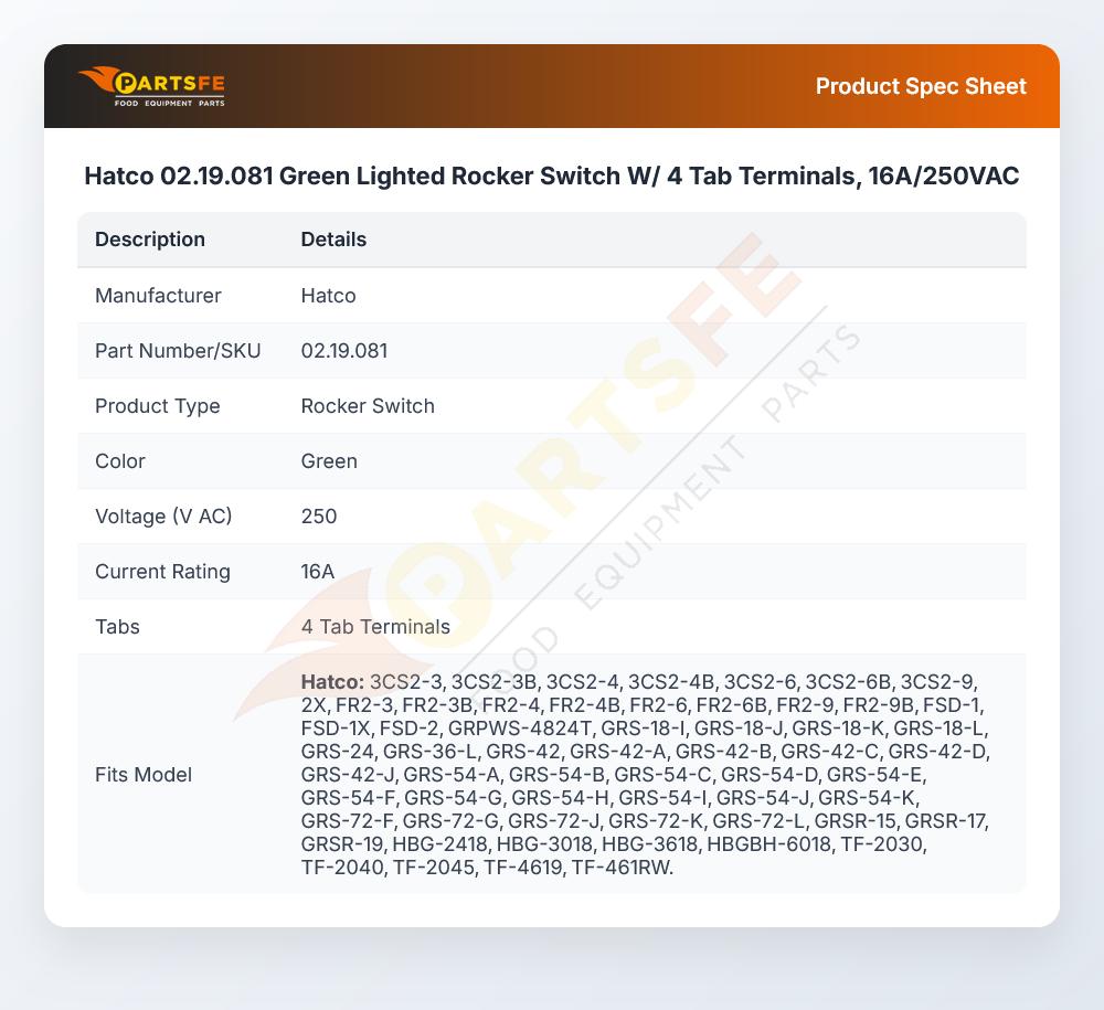Hatco 02.19.081 Green Lighted Rocker Switch W/ 4 Tab Terminals, 16A/250VAC