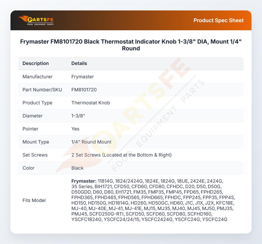 Frymaster FM8101720 Black Thermostat Indicator Knob 1-3/8" DIA, Mount 1/4" Round