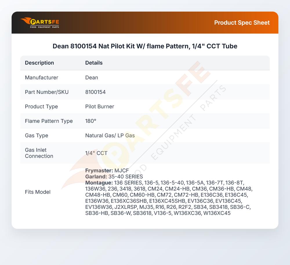 Dean 8100154 Pilot Kit Natural Gas 1/4" CCT