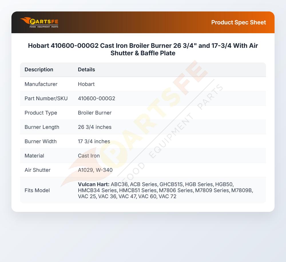 Hobart 410600-000G2 Cast Iron Broiler Burner 26 3/4" and 17-3/4 With Air Shutter & Baffle Plate