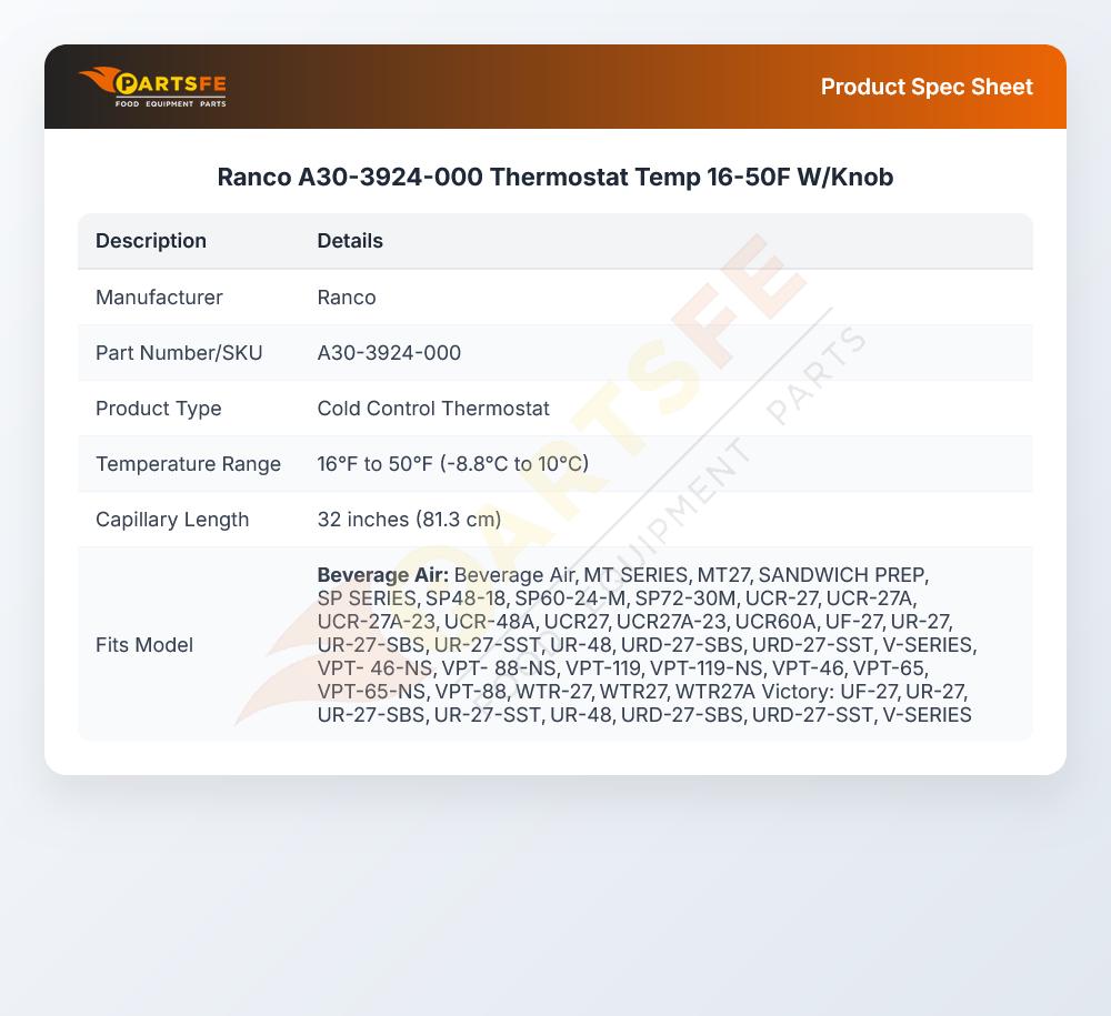 Ranco A30-3924-000 Thermostat Temp 16-50F W/Knob