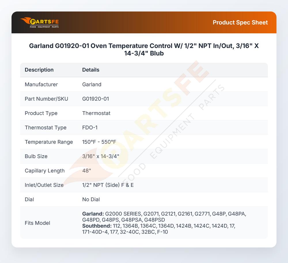 Garland G01920-01 Oven Temperature Control W/ 1/2" NPT In/Out, 3/16" X 14-3/4" Blub