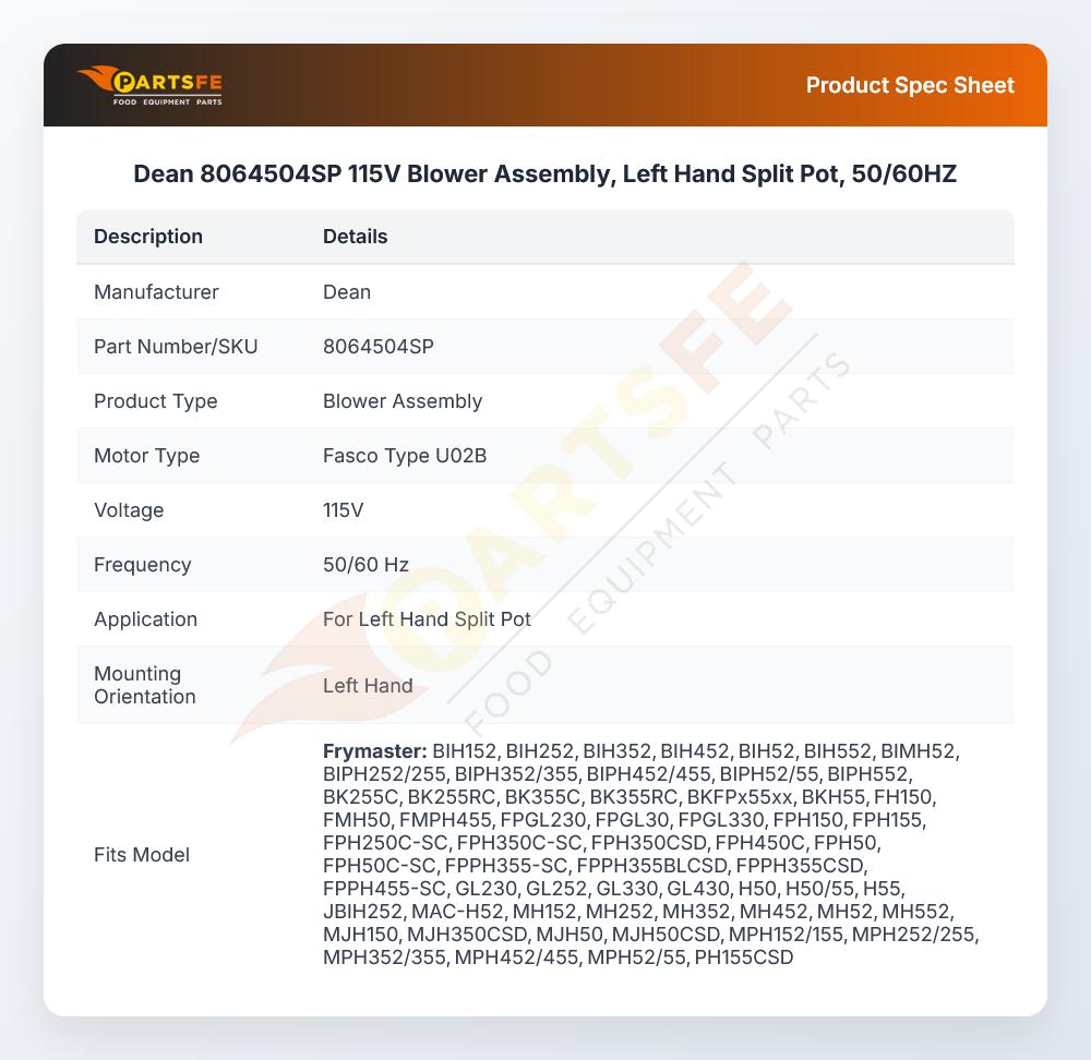 Dean 8064504SP Blower Assembly 115V 50/60Hz