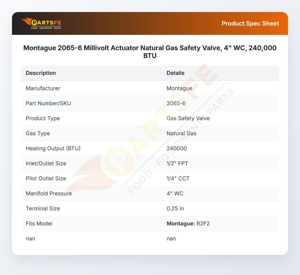Montague 2065-6 Natural Gas Safety Valve 4" WC 240000 BTU 7000