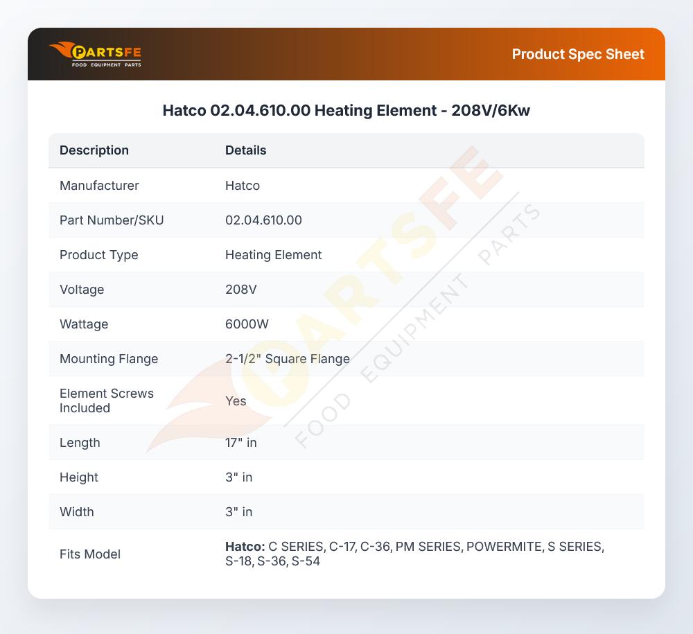 Hatco 02.04.610.00 Heating Element  - 208V/6Kw