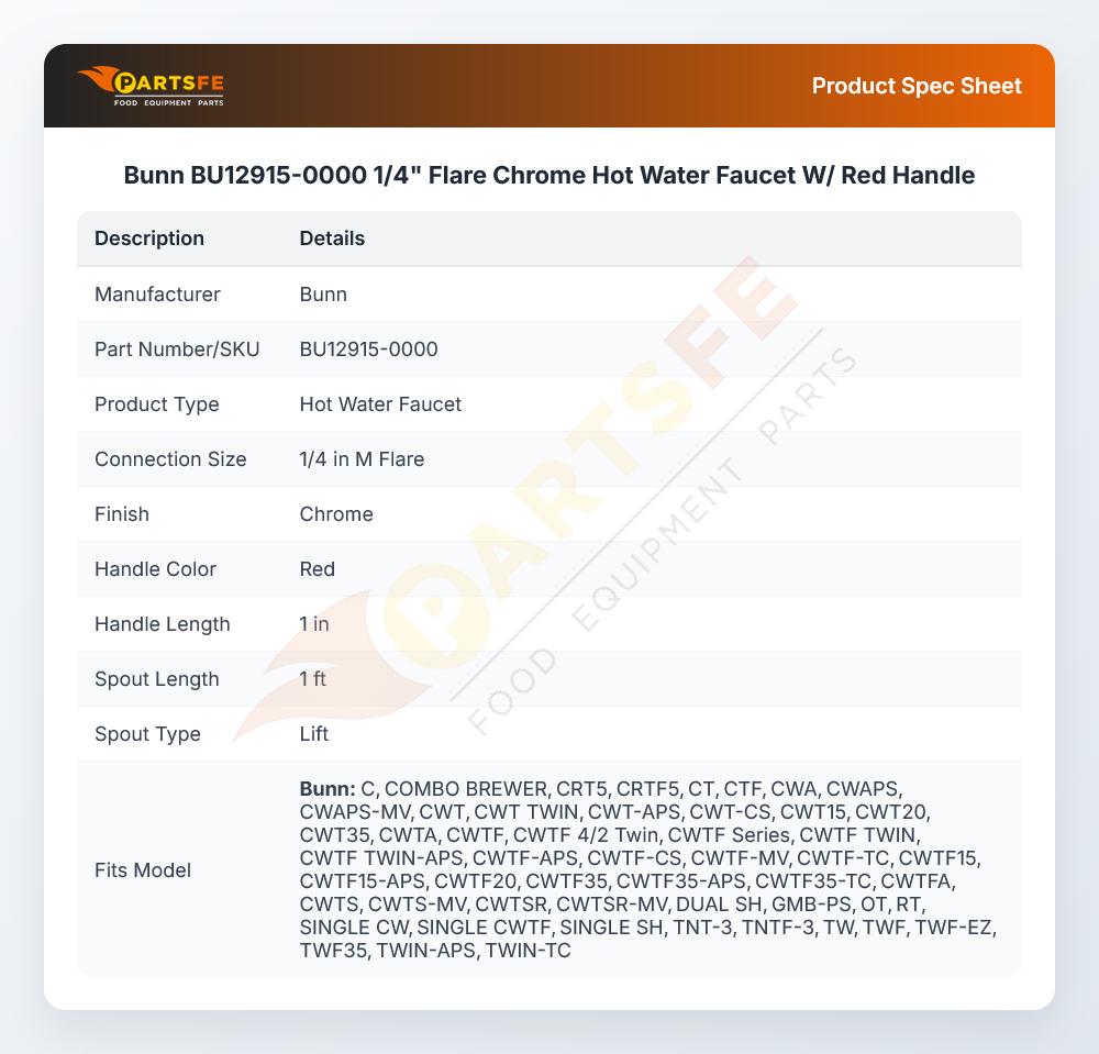 Bunn BU12915-0000 1/4" Flare Chrome Hot Water Faucet W/ Red Handle
