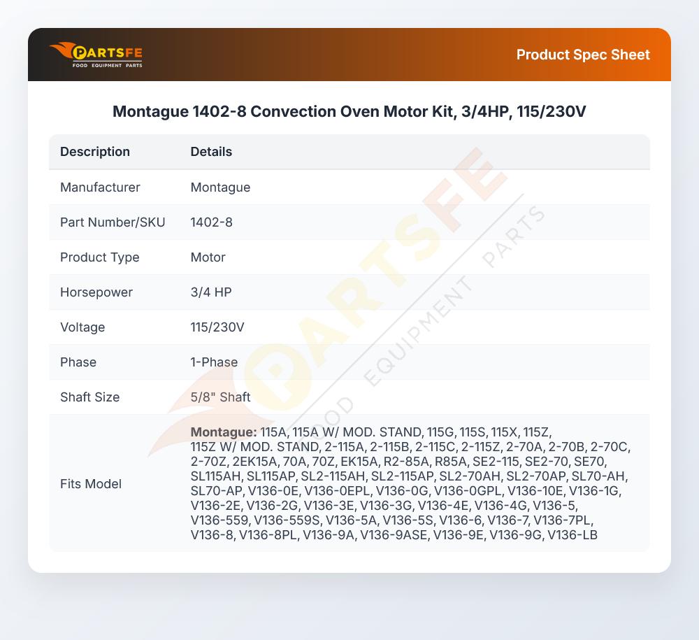 Montague 1402-8 Convection Oven Motor Kit, 3/4HP, 115/230V